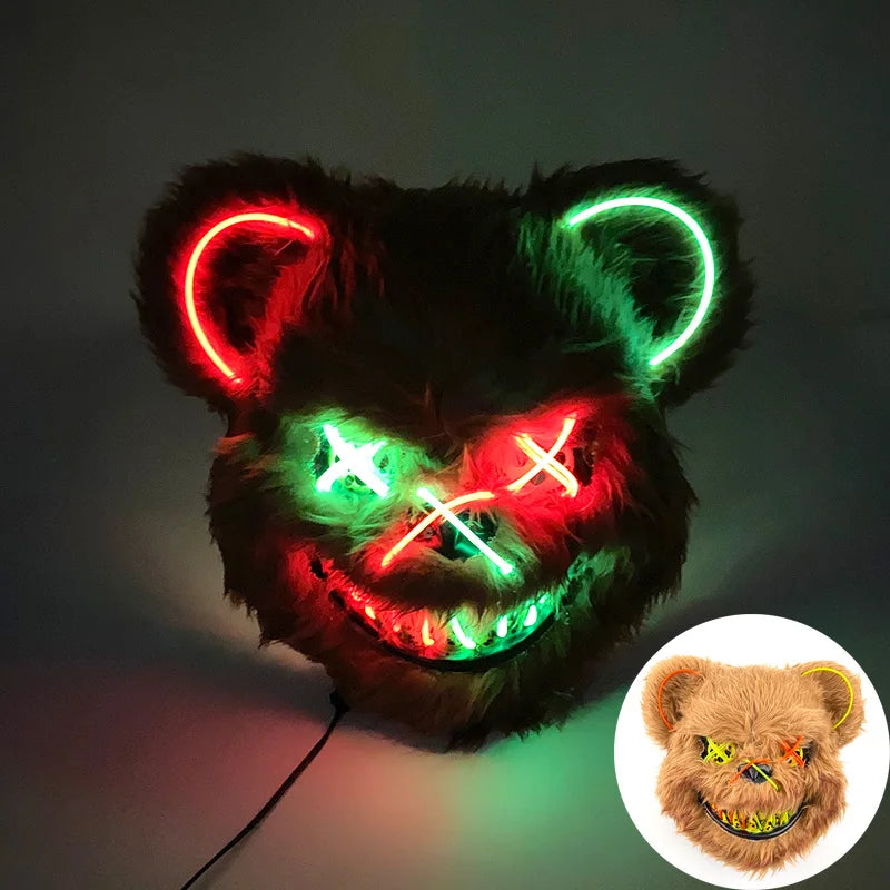 Hot Luminous LED Horror Mask for Halloween Cosplay Props Glowing Scary Mask Neon Light up Bloody Bear Mask Mascara Costume Decor