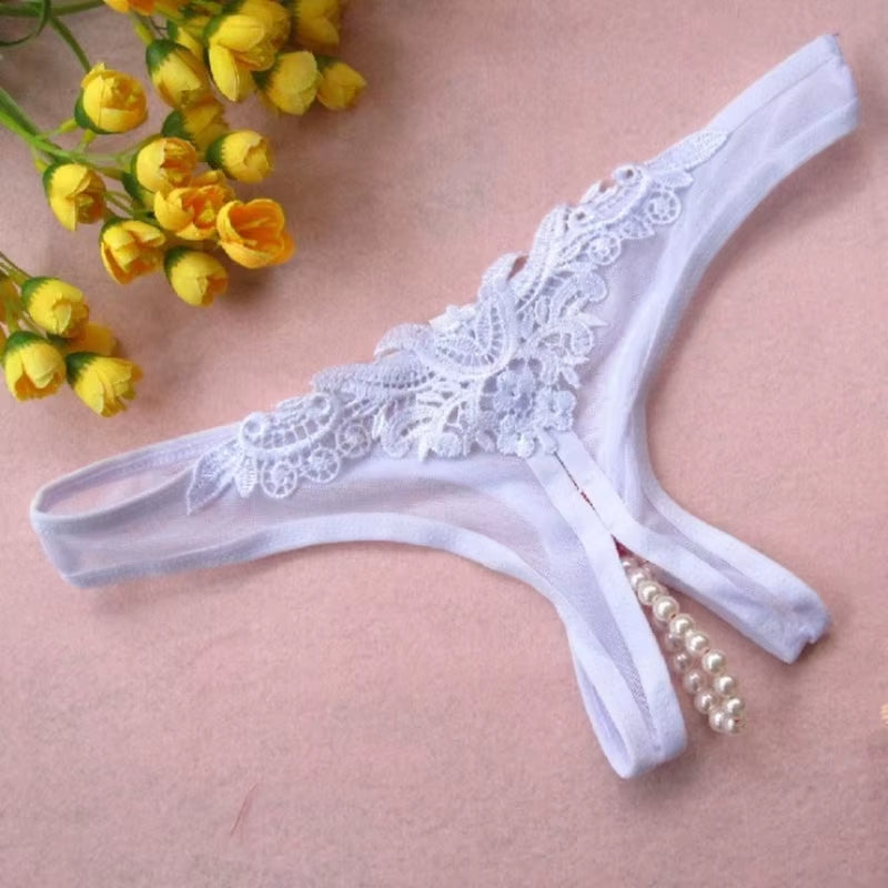 Ladies Open Crotch Panties with Pearl Sexy Underwear Underpants Lace G-String Briefs Sex Crotchless Panties plus Size for Women