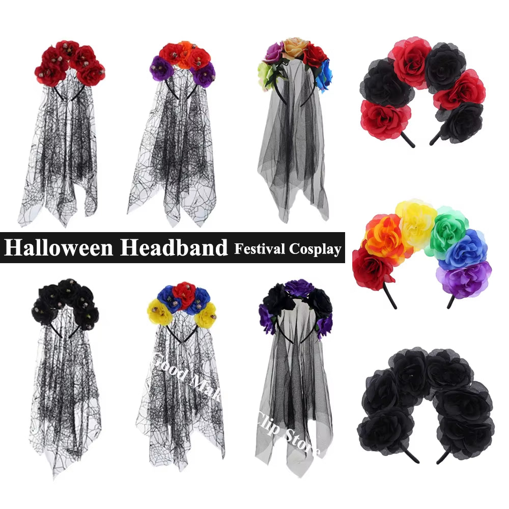 Halloween Gothic Skull Flower Headband for Women Girls Party Cosplay Spider Web Veil Day of the Dead Headband Horror Headwear