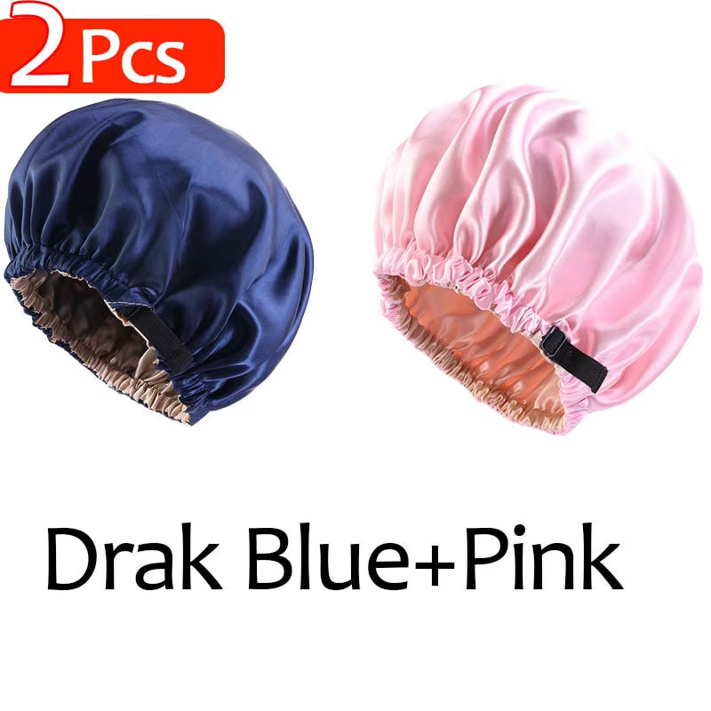 2Pcs Set Large Satin Bonnet Silk Night Sleeping Cap Long Satin Bonnet with Head Tie Band Bonnet Edge Wrap for Women Hair