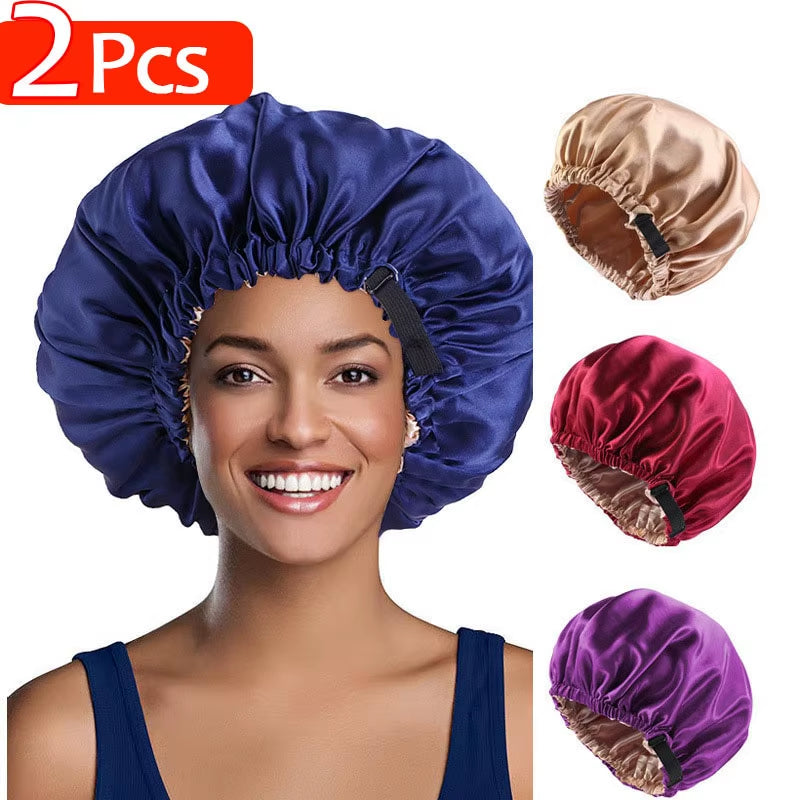 2Pcs Set Large Satin Bonnet Silk Night Sleeping Cap Long Satin Bonnet with Head Tie Band Bonnet Edge Wrap for Women Hair