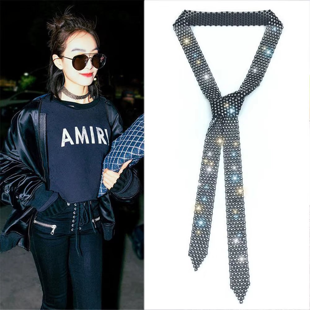 New Design Bling Long Scarf Neckerchiefs Rhinestone Tie Choker Necklace for Women Luxury Crystal Necktie Collar Necklace Jewelry